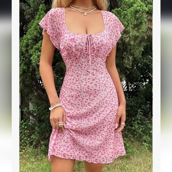 Floral Pink Dress with Ruffle Sleeves - Picture 4 of 16